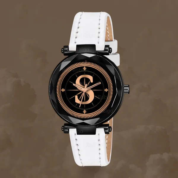 Sky_Mart_Alphabet_S_Classic_Analog_Wrist_Watch_For_Women_And_Girls_New_Arrival_With_Stylish_Black_Dial_And_White_Leather_Strap