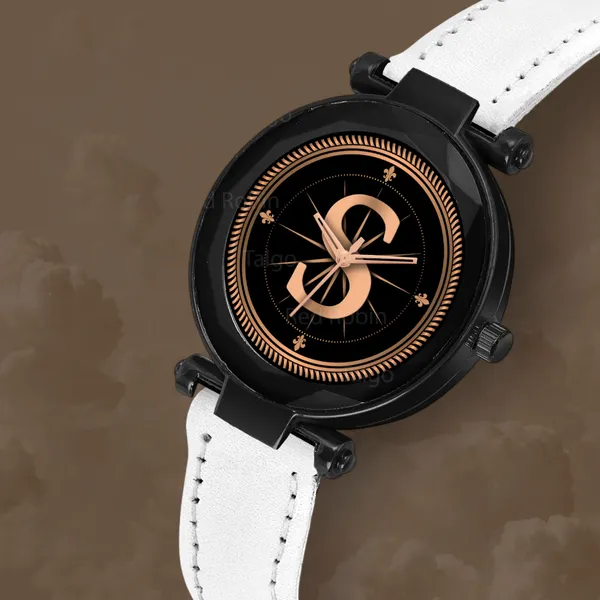 Sky_Mart_Alphabet_S_Classic_Analog_Wrist_Watch_For_Women_And_Girls_New_Arrival_With_Stylish_Black_Dial_And_White_Leather_Strap