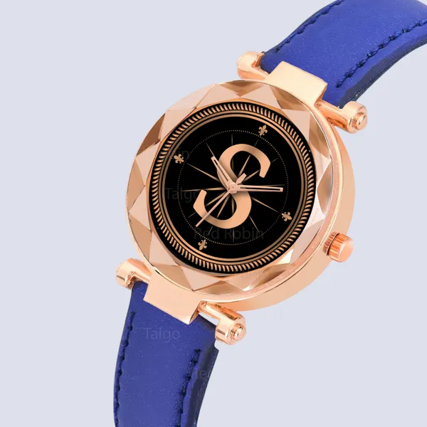 Sky_Mart_Alphabet_S_Classic_Analog_Wrist_Watch_For_Women_And_Girls_New_Arrival_With_Stylish_Black_Dial_And_Blue_Leather_Strap