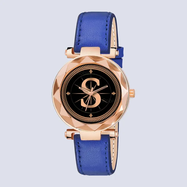 Sky_Mart_Alphabet_S_Classic_Analog_Wrist_Watch_For_Women_And_Girls_New_Arrival_With_Stylish_Black_Dial_And_Blue_Leather_Strap