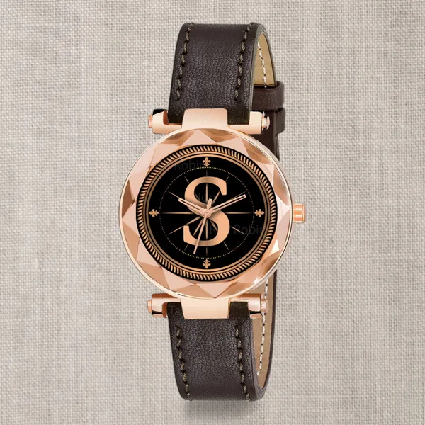 Sky_Mart_Alphabet_S_Classic_Analog_Wrist_Watch_For_Women_And_Girls_New_Arrival_With_Stylish_Black_Dial_And_Brown_Leather_Strap