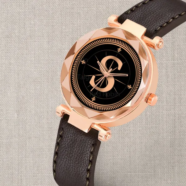 Sky_Mart_Alphabet_S_Classic_Analog_Wrist_Watch_For_Women_And_Girls_New_Arrival_With_Stylish_Black_Dial_And_Brown_Leather_Strap