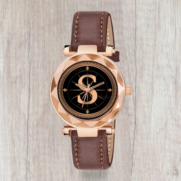 Sky_Mart_Alphabet_S_Classic_Analog_Wrist_Watch_For_Women_And_Girls_New_Arrival_With_Stylish_Black_Dial_And_Brown_Leather_Strap