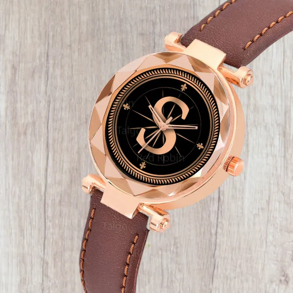 Sky_Mart_Alphabet_S_Classic_Analog_Wrist_Watch_For_Women_And_Girls_New_Arrival_With_Stylish_Black_Dial_And_Brown_Leather_Strap