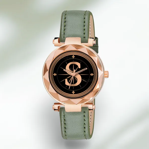 Sky_Mart_Alphabet_S_Classic_Analog_Wrist_Watch_For_Women_And_Girls_New_Arrival_With_Stylish_Black_Dial_And_Green_Leather_Strap