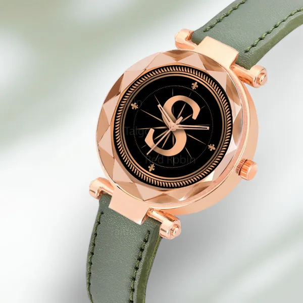 Sky_Mart_Alphabet_S_Classic_Analog_Wrist_Watch_For_Women_And_Girls_New_Arrival_With_Stylish_Black_Dial_And_Green_Leather_Strap