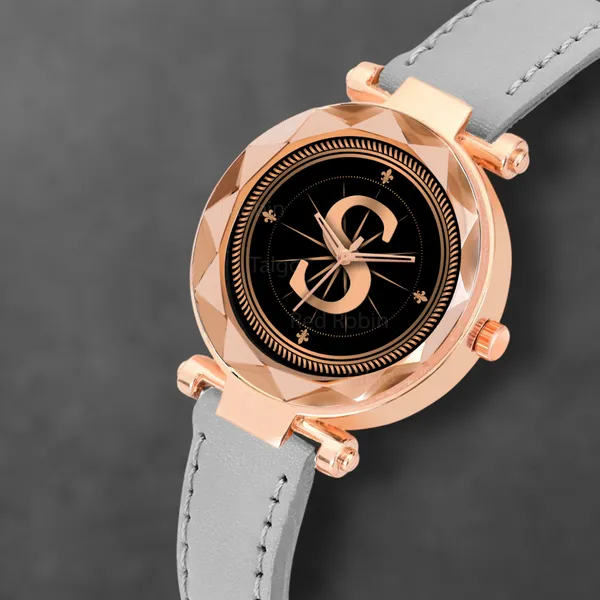 Sky_Mart_Alphabet_S_Classic_Analog_Wrist_Watch_For_Women_And_Girls_New_Arrival_With_Stylish_Black_Dial_And_Grey_Leather_Strap