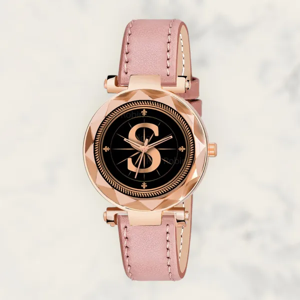 Sky_Mart_Alphabet_S_Classic_Analog_Wrist_Watch_For_Women_And_Girls_New_Arrival_With_Stylish_Black_Dial_And_Peach_Leather_Strap