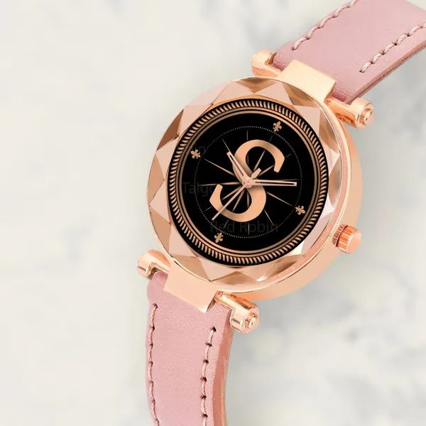 Sky_Mart_Alphabet_S_Classic_Analog_Wrist_Watch_For_Women_And_Girls_New_Arrival_With_Stylish_Black_Dial_And_Peach_Leather_Strap