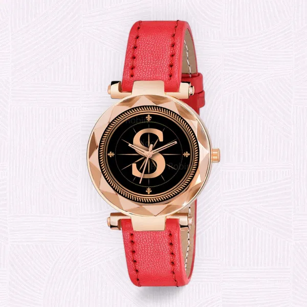 Sky_Mart_Alphabet_S_Classic_Analog_Wrist_Watch_For_Women_And_Girls_New_Arrival_With_Stylish_Black_Dial_And_Red_Leather_Strap