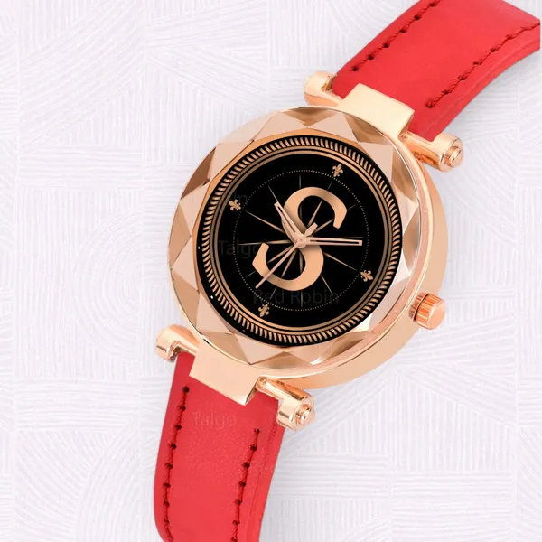 Sky_Mart_Alphabet_S_Classic_Analog_Wrist_Watch_For_Women_And_Girls_New_Arrival_With_Stylish_Black_Dial_And_Red_Leather_Strap