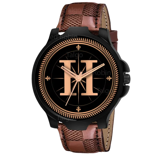 Sky_Mart_Analog_Round_Black_Dialbet_H_Design_Stylish_Brown_Leather_Strap_Classic_Design_Fancy_Wrist_Watch_For_Men_And_Boys
