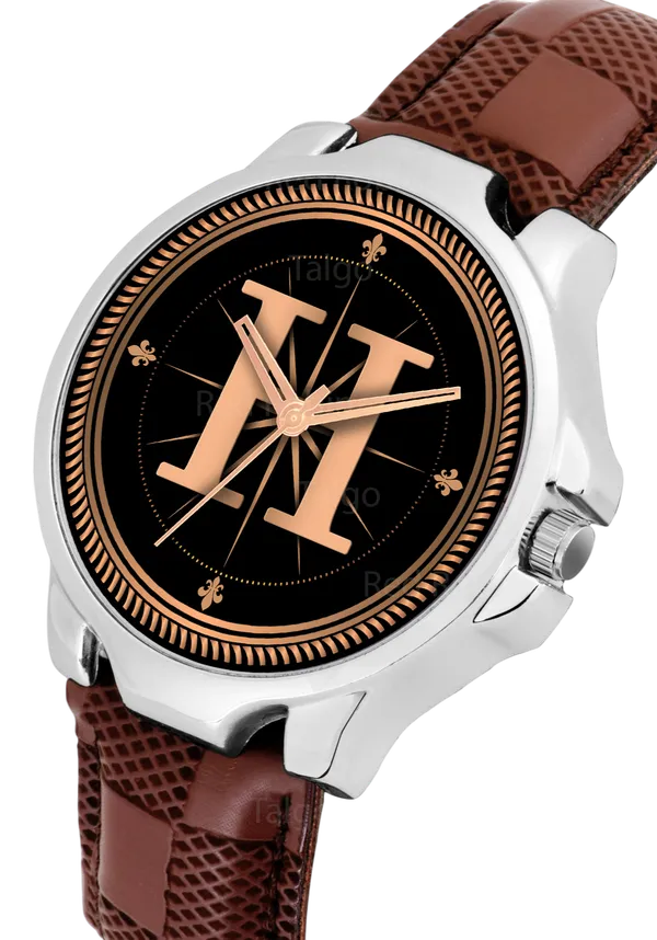 Sky_Mart_Analog_Round_Black_Dialbet_H_Design_Stylish_Brown_Leather_Strap_Classic_Design_Fancy_Wrist_Watch_For_Men_And_Boys