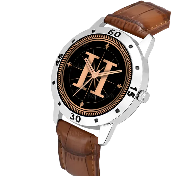 Sky_Mart_Analog_Round_Black_Dialbet_H_Design_Stylish_Brown_Leather_Strap_Classic_Design_Fancy_Wrist_Watch_For_Men_And_Boys