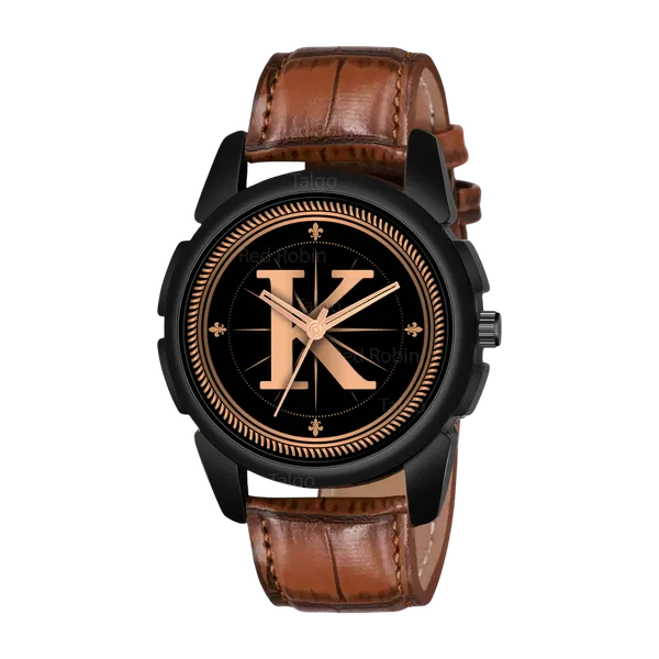 Sky_Mart_Analog_Round_Black_Dialbet_K_Design_Stylish_Brown_Leather_Strap_Classic_Design_Fancy_Wrist_Watch_For_Men_And_Boys