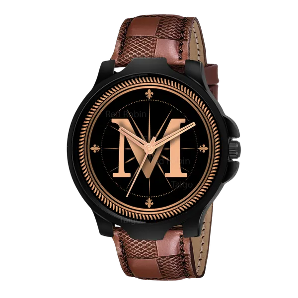 Sky_Mart_Analog_Round_Black_Dialbet_M_Design_Stylish_Brown_Leather_Strap_Classic_Design_Fancy_Wrist_Watch_For_Men_And_Boys