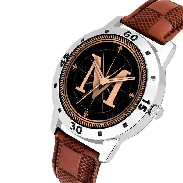 Sky_Mart_Analog_Round_Black_Dialbet_M_Design_Stylish_Brown_Leather_Strap_Classic_Design_Fancy_Wrist_Watch_For_Men_And_Boys