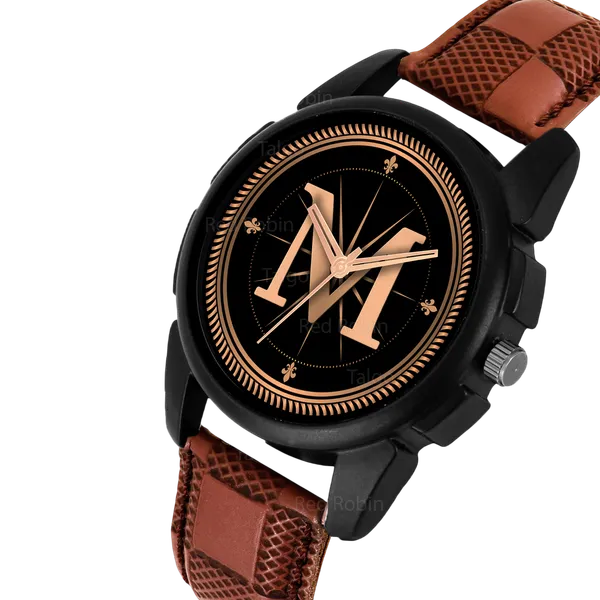 Sky_Mart_Analog_Round_Black_Dialbet_M_Design_Stylish_Brown_Leather_Strap_Classic_Design_Fancy_Wrist_Watch_For_Men_And_Boys