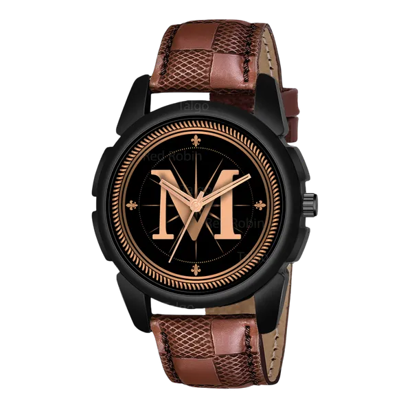 Sky_Mart_Analog_Round_Black_Dialbet_M_Design_Stylish_Brown_Leather_Strap_Classic_Design_Fancy_Wrist_Watch_For_Men_And_Boys