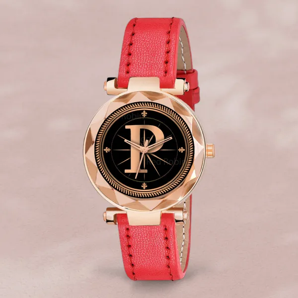 Sky_Mart_Alphabet_P_Stylish_Analog_Wrist_Watch_New_Arrival_Featuring_Classic_Round_Black_Dial_And_Red_Leather_Strap_For_Women_And_Girls