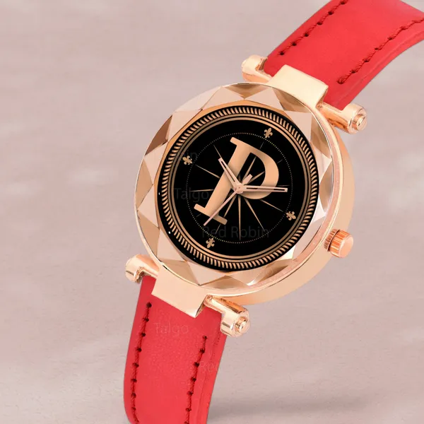 Sky_Mart_Alphabet_P_Stylish_Analog_Wrist_Watch_New_Arrival_Featuring_Classic_Round_Black_Dial_And_Red_Leather_Strap_For_Women_And_Girls