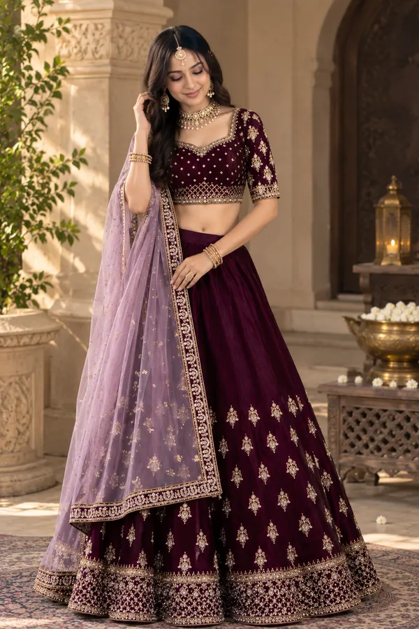 Maroon_Velvet_Embroidered_Flared_Lehenga_Choli_Set_For_Women
