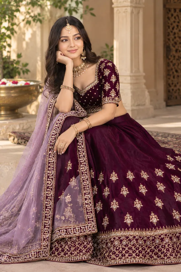 Maroon_Velvet_Embroidered_Flared_Lehenga_Choli_Set_For_Women