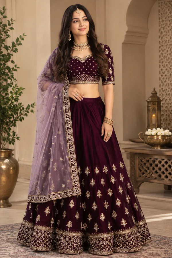 Maroon_Velvet_Embroidered_Flared_Lehenga_Choli_Set_For_Women