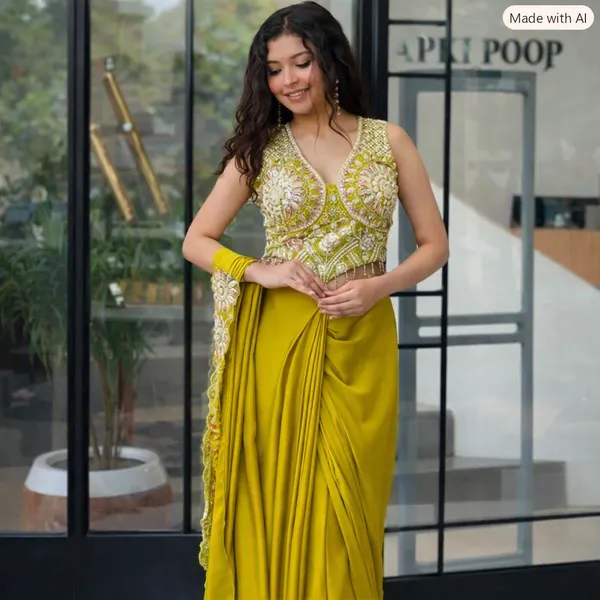 Yellow_Faux_Georgette_Embellished_Pre-Draped_Saree_With_Blouse_For_Women