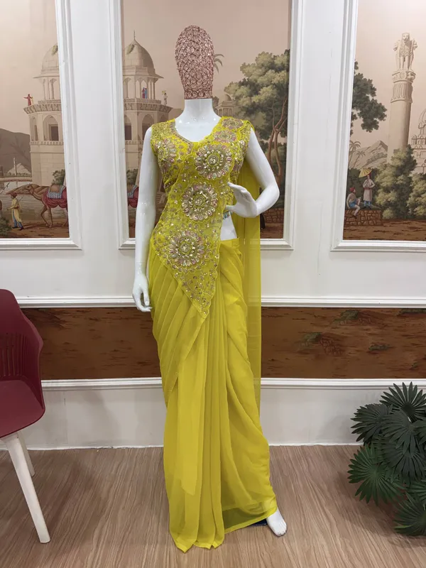 Yellow_Embellished_Pre_Draped_Saree_Set_for_Women