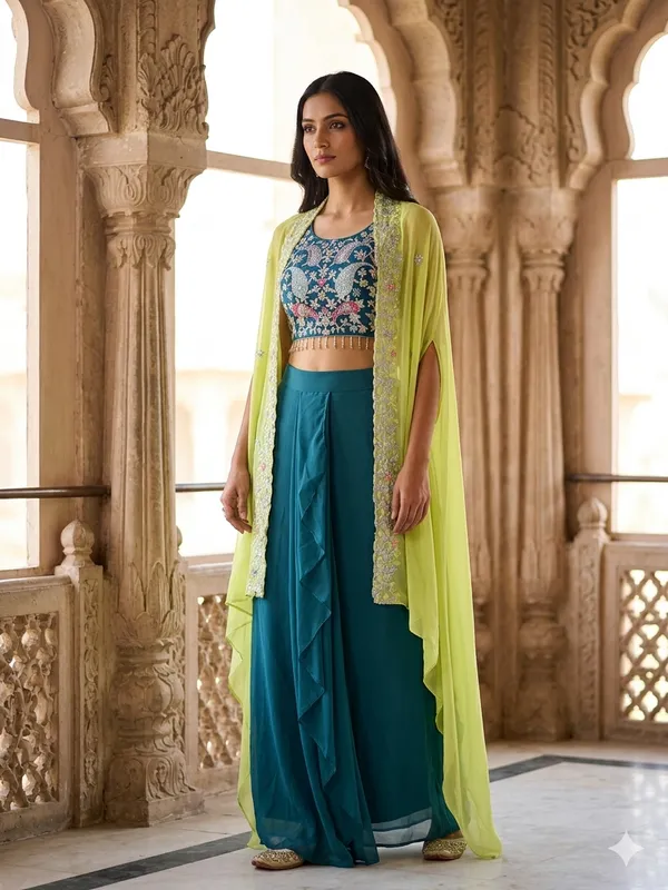Teal_Embroidered_Cape_Style_Lehenga_Set_for_Women