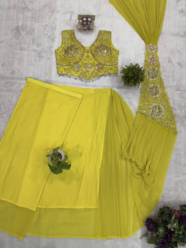 Yellow_Embellished_Pre_Draped_Saree_Set_for_Women