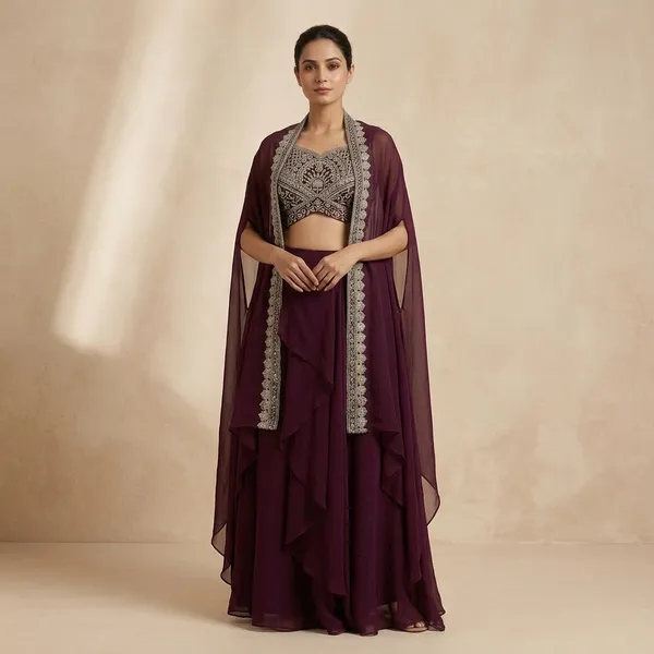 Wine_Georgette_Flared_Lehenga_Choli_Set_With_Cape_Dupatta_For_Women