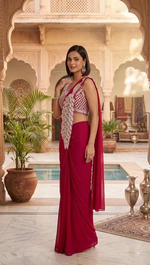 Pink_Georgette_Printed_Saree_With_Stitched_Blouse_For_Women