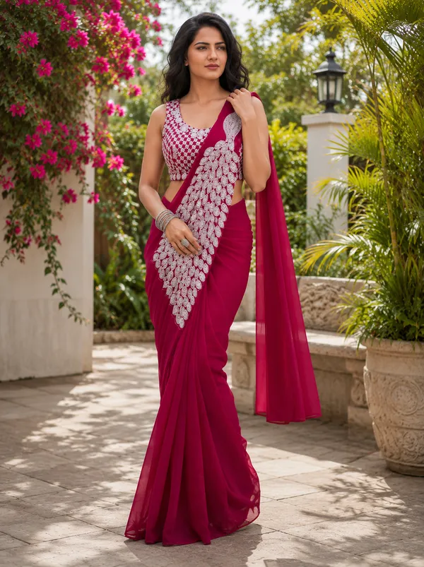 Pink_Georgette_Printed_Saree_With_Stitched_Blouse_For_Women