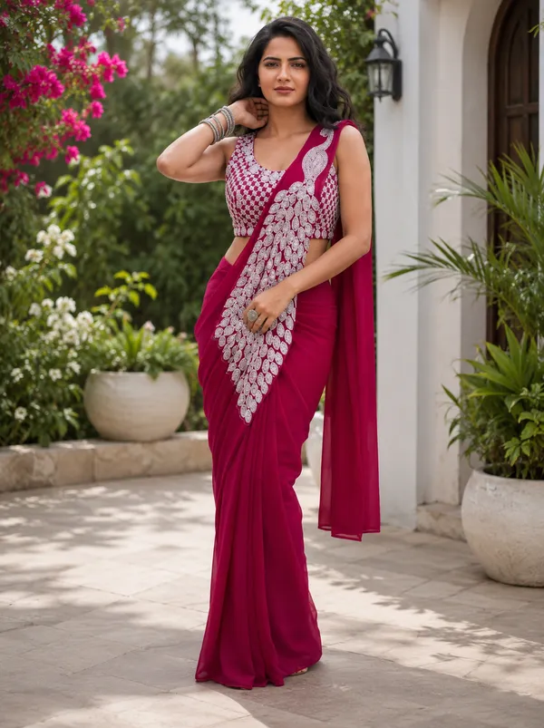 Pink_Georgette_Printed_Saree_With_Stitched_Blouse_For_Women