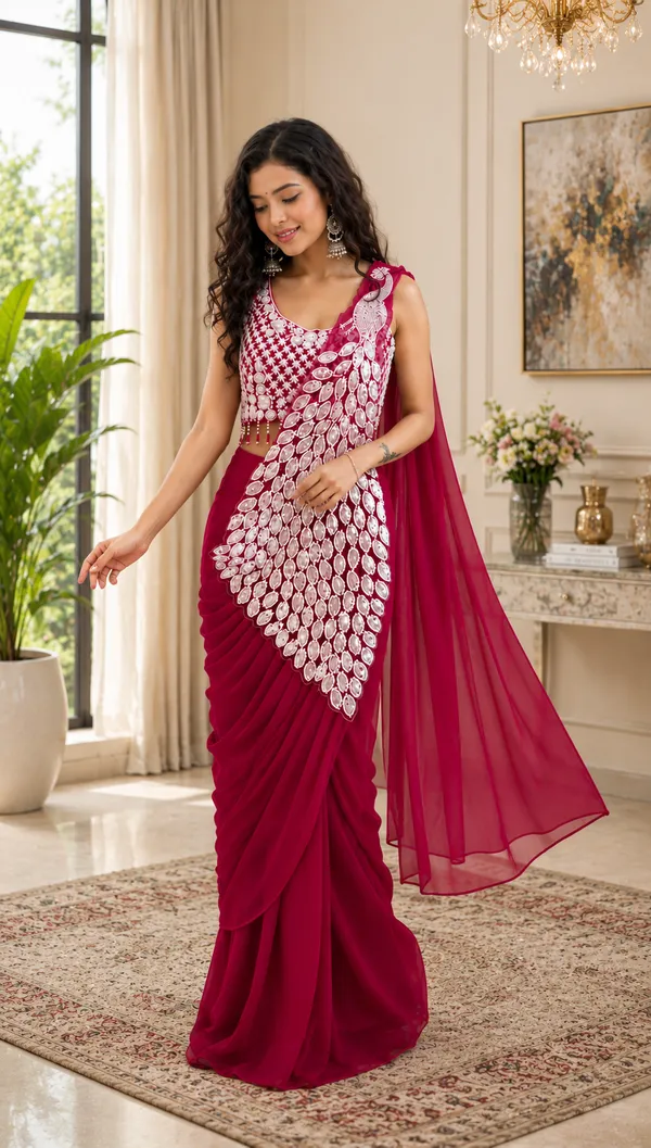 Pink_Georgette_Printed_Saree_With_Stitched_Blouse_For_Women