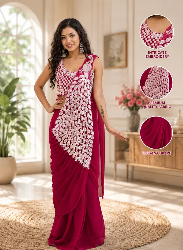 Pink_Georgette_Printed_Saree_With_Stitched_Blouse_For_Women