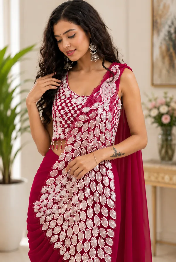 Pink_Georgette_Printed_Saree_With_Stitched_Blouse_For_Women