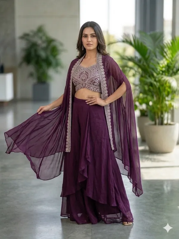 Wine_Georgette_Flared_Lehenga_Choli_Set_With_Cape_Dupatta_For_Women