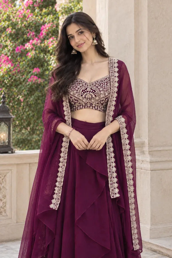 Wine_Georgette_Flared_Lehenga_Choli_Set_With_Cape_Dupatta_For_Women