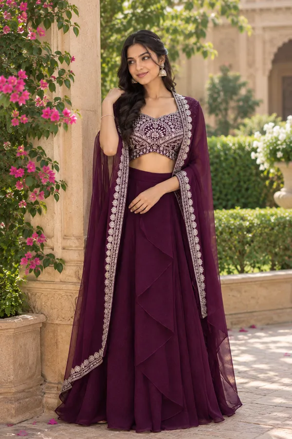Wine_Georgette_Flared_Lehenga_Choli_Set_With_Cape_Dupatta_For_Women