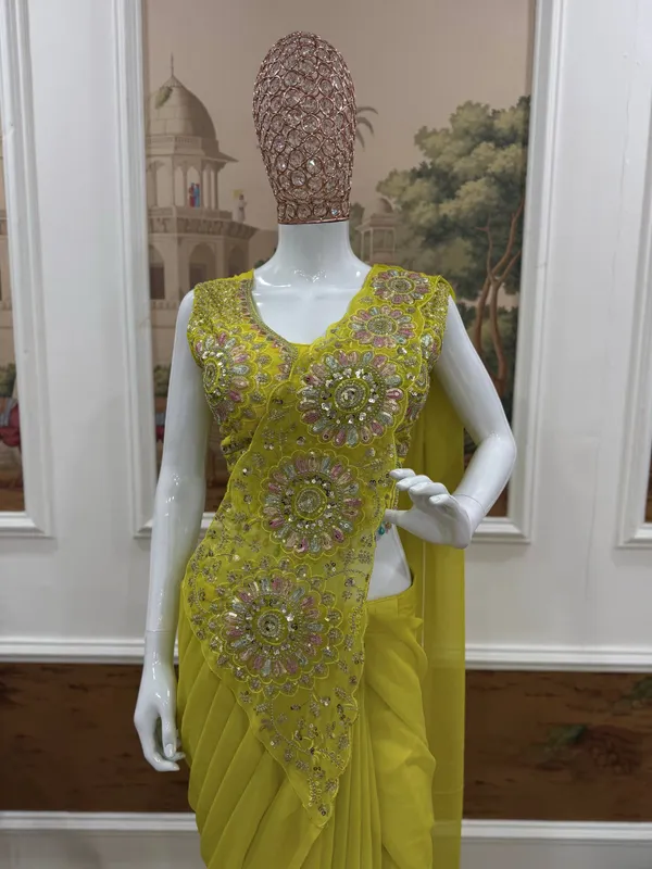 Yellow_Embellished_Pre_Draped_Saree_Set_for_Women