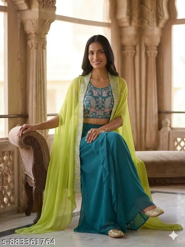 Teal_Embroidered_Cape_Style_Lehenga_Set_for_Women