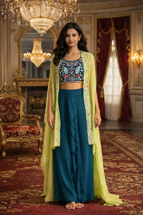 Teal_Embroidered_Cape_Style_Lehenga_Set_for_Women