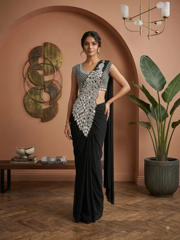 Black_Georgette_Embellished_Saree_With_Stitched_Blouse_For_Women