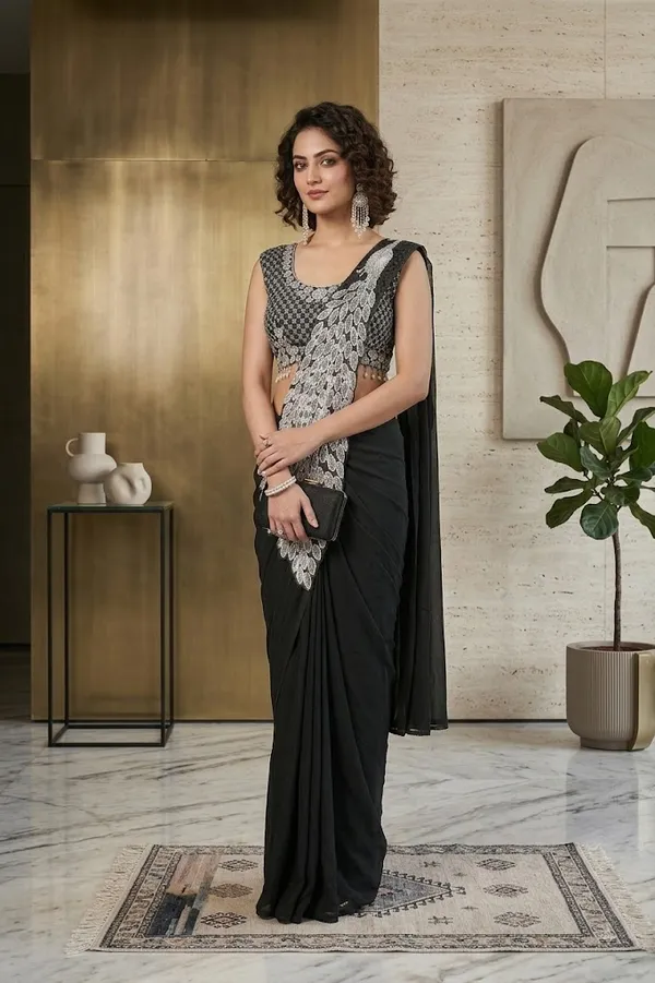 Black_Georgette_Embellished_Saree_With_Stitched_Blouse_For_Women