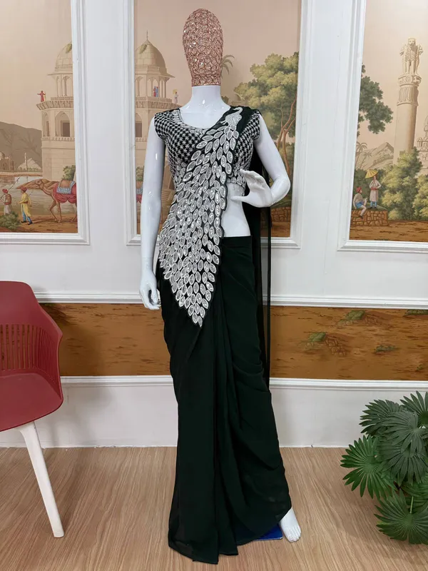 Black_Georgette_Embellished_Saree_With_Stitched_Blouse_For_Women