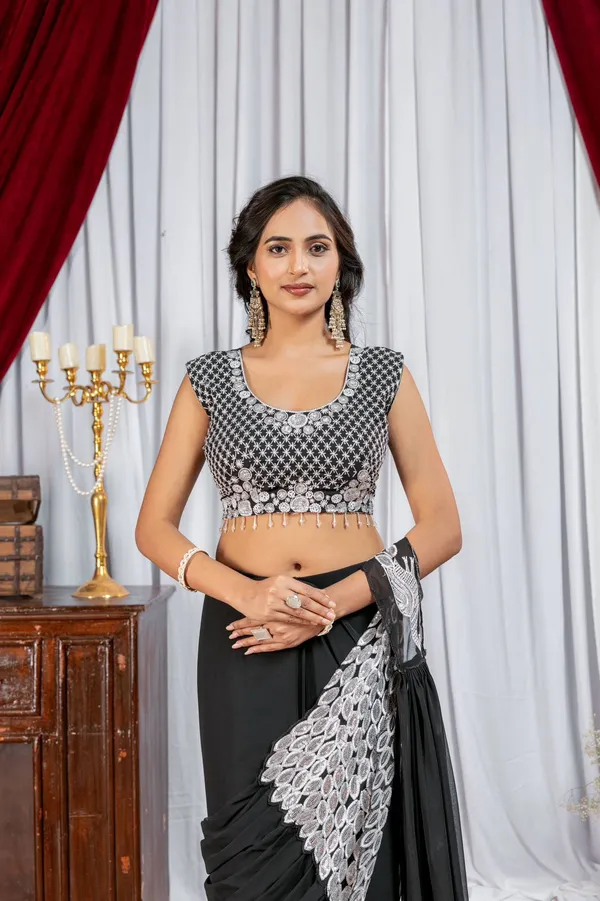 Black_Georgette_Embellished_Saree_With_Stitched_Blouse_For_Women