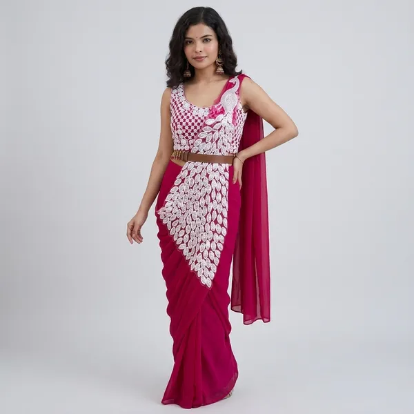 Pink_Georgette_Printed_Saree_With_Stitched_Blouse_For_Women